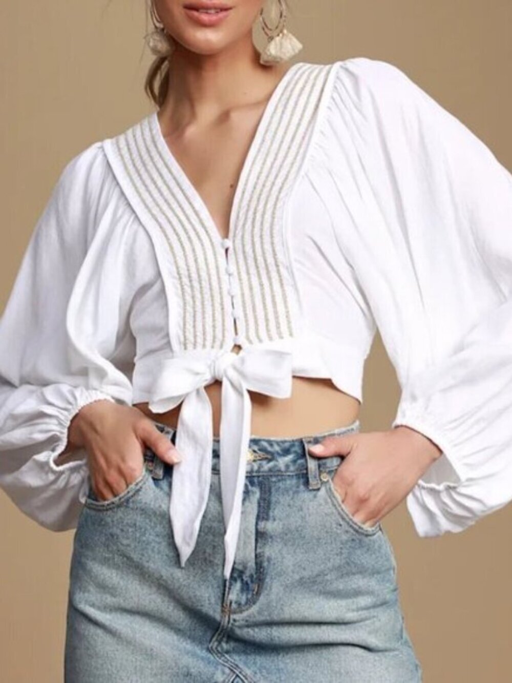 DO+BE blouse Women's Small white cropped embroidered boho bohemian puff sleeve